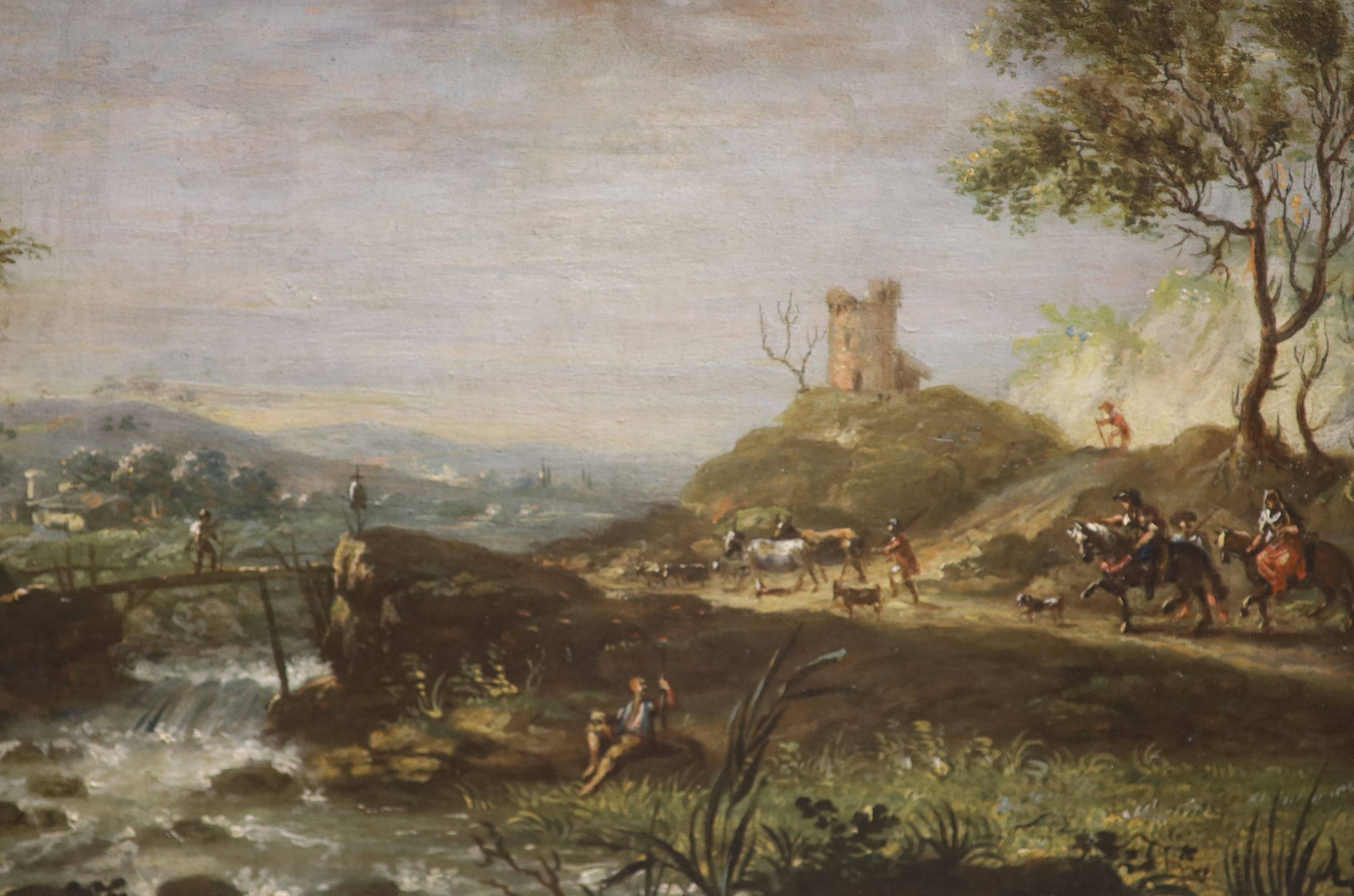 Italian School, pair of oils on board, 17th century landscapes with travellers and cattle drover, 22 x 33cm